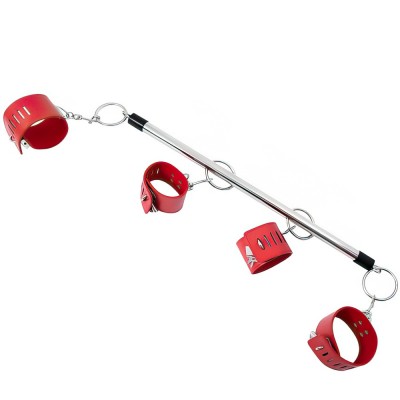 Красная бондажная распорка с наручниками и поножами
