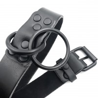 Черный БДСМ ошейник из натуральной кожи с черным поводком