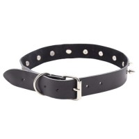 Кожаный черный БДСМ ошейник с кольцом и шипами