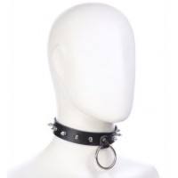 Кожаный черный БДСМ ошейник с кольцом и шипами