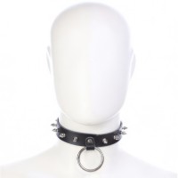 Кожаный черный БДСМ ошейник с кольцом и шипами