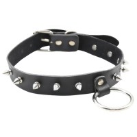 Кожаный черный БДСМ ошейник с кольцом и шипами