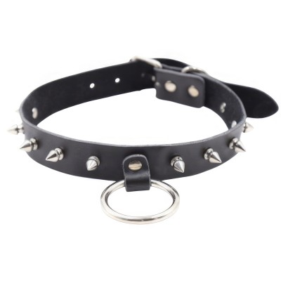 Кожаный черный БДСМ ошейник с кольцом и шипами