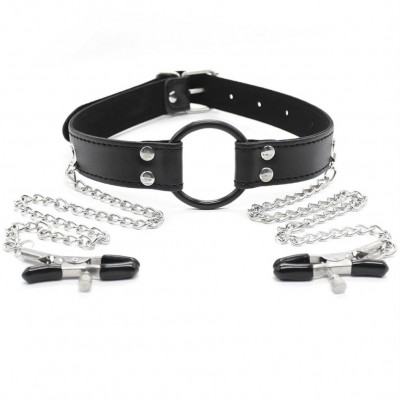 Черный кляп-кольцо с зажимами для сосков Черный кляп-кольцо с зажимами для сосков