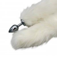 Металлическая анальная пробка S с длинным белым хвостиком 86 см