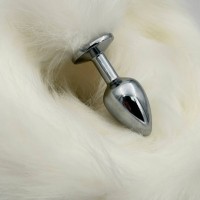 Металлическая анальная пробка S с длинным белым хвостиком 86 см