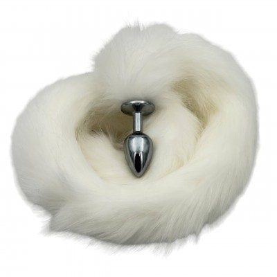 Металлическая анальная пробка S с длинным белым хвостиком 86 см