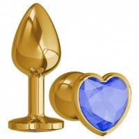 Золотистая анальная пробка с синим камушком в виде сердечка S
