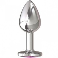 Металлическая анальная пробка с розовым камушком в виде сердечка M Металлическая анальная пробка с розовым камушком в виде сердечка M