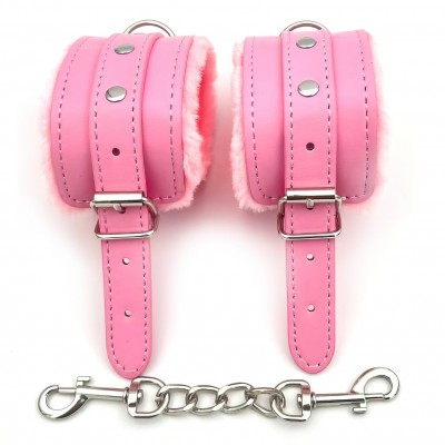 Розовые наручники на цепочке с мехом