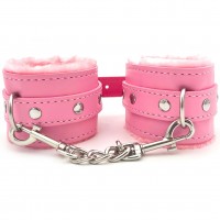 Розовые наручники на цепочке с мехом