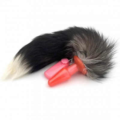 Розовая анальная втулка с вибрацией и бурым хвостиком 53 см Розовая анальная втулка с вибрацией и бурым хвостиком 53 см