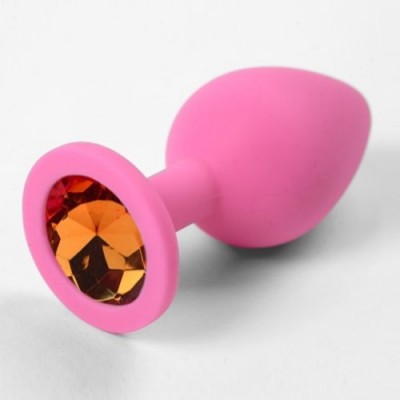Силиконовая анальная пробка с оранжевым камнем S розовая