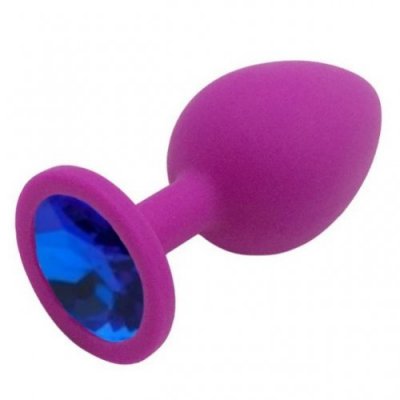 Силиконовая анальная пробка M пурпурная с синим камушком