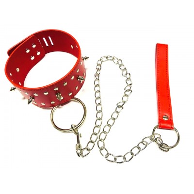 Ошейник с шипами и поводком на цепочке красный Ошейник с шипами и поводком на цепочке красный
