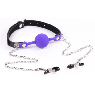 Силиконовый кляп пурпурный и зажимы для сосков Силиконовый кляп пурпурный и зажимы для сосков