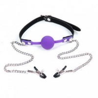 Силиконовый кляп пурпурный и зажимы для сосков Силиконовый кляп пурпурный и зажимы для сосков