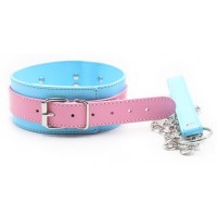 Ошейник розово-голубой с поводком на цепи