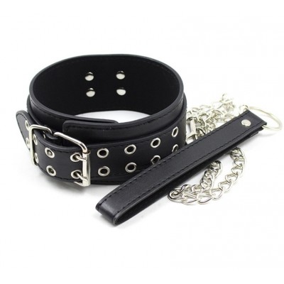 Классический черный БДСМ ошейник с поводком