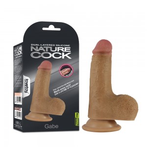 Фаллос на присоске с мошонкой Dual-layered Silicone Nature Cock "Gabe" мулат