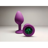 Силиконовая анальная пробка  пурпурная с  зелёным кристаллом S
