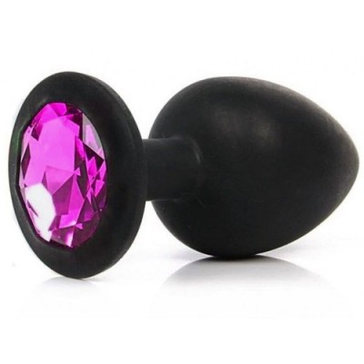 Силиконовая анальная пробка M черная с камушком цвета фуксия Силиконовая анальная пробка M черная с камушком цвета фуксия