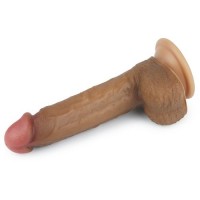 Фаллос на присоске с мошонкой Dual-layered Silicone Dildo мулат 22 см