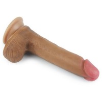 Фаллоимитатор на присоске с мошонкой мулат Dual-Layered Liquid Silicone 21 см