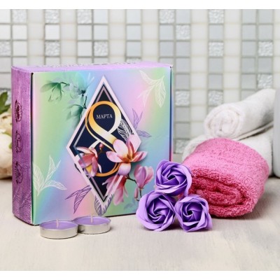 Подарочный набор Shine Bright, мыльные розы 3 шт., 2 свечи, полотенце Подарочный набор Shine Bright, мыльные розы 3 шт., 2 свечи, полотенце