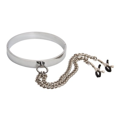Ошейник стальной с зажимами для сосков мужской