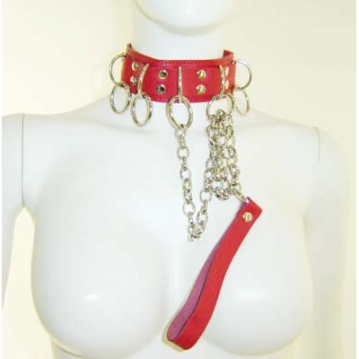Ошейник БДСМ красный с кольцами и поводком